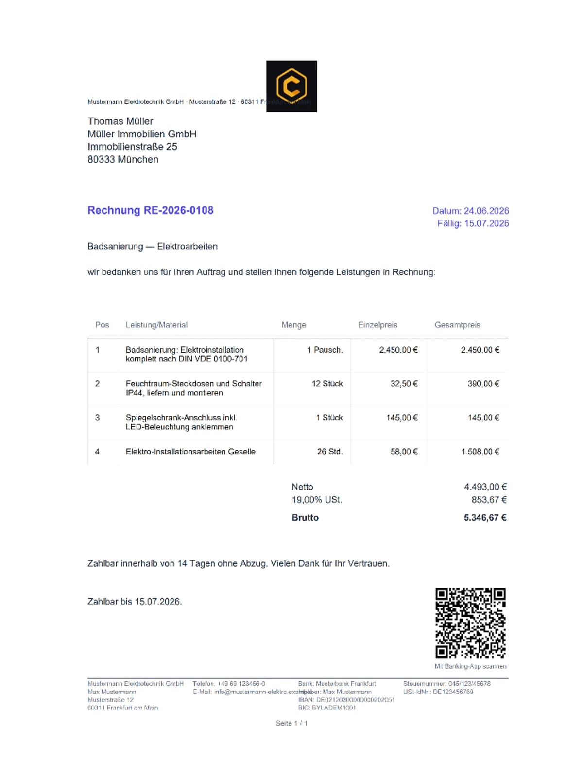 Fertige CraftOS-Rechnung als PDF mit Positionen, Netto/USt/Brutto und GiroCode zum Scan-Bezahlen.