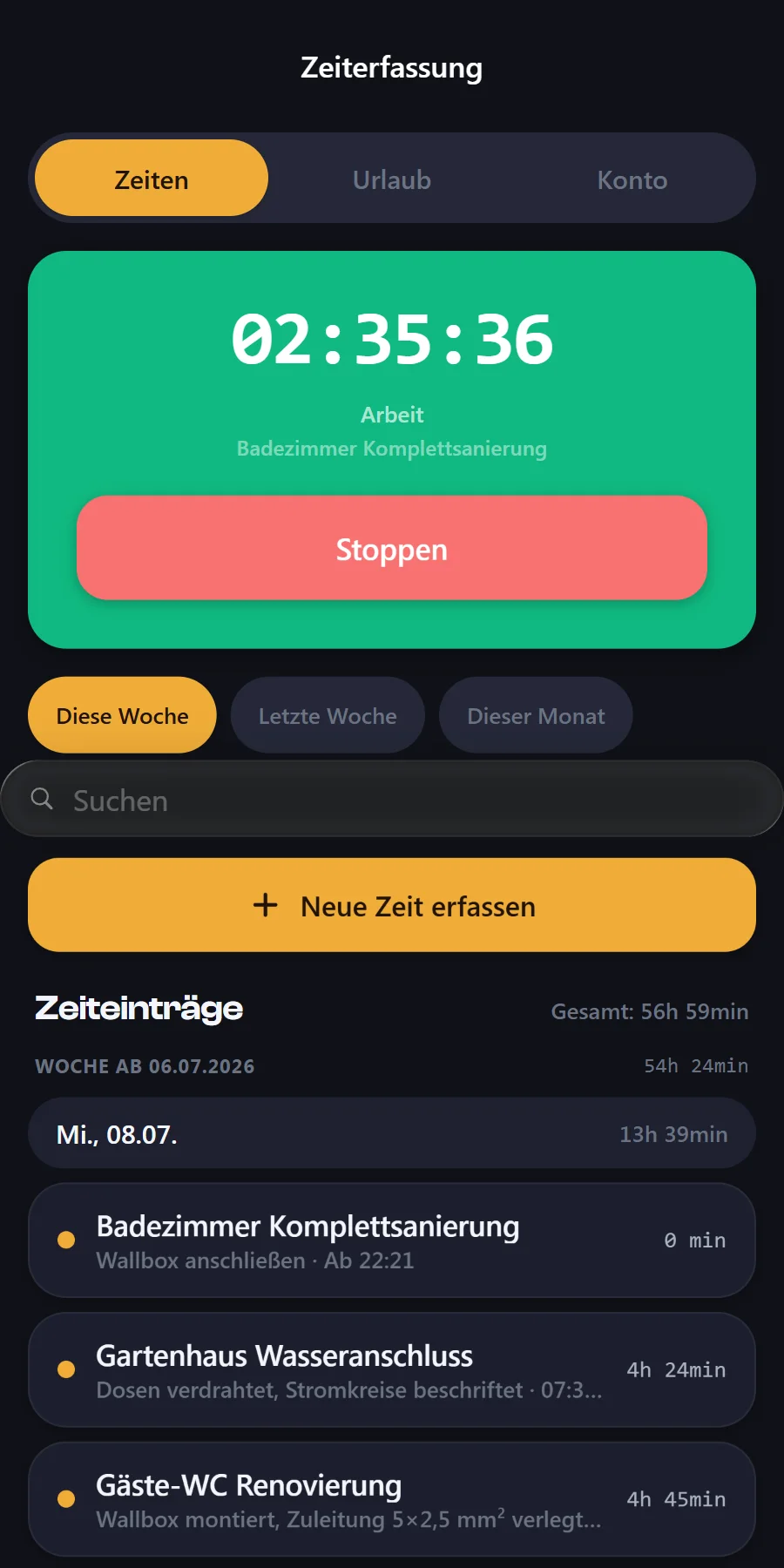 Mobile Zeiterfassung in der CraftOS-App: laufender Timer auf dem Projekt und Tagesliste der gebuchten Zeiten.